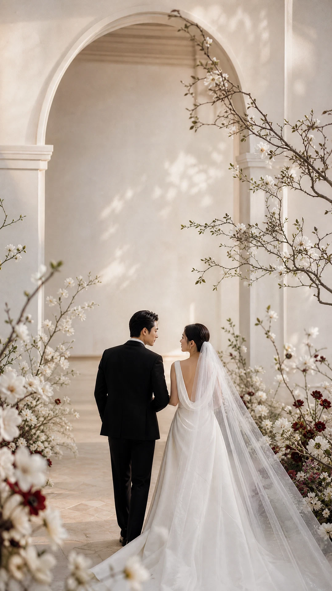 Đôi uyên ương trong không gian hoa camellia và đá ivory